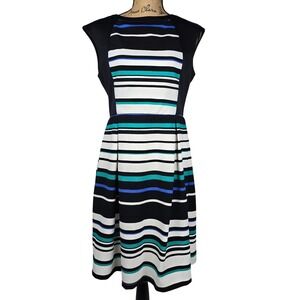 Fifth & Park‎ Striped Fit and Flare Dress Black White Teal Blue Sleeveless Small